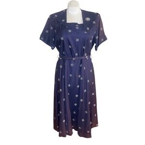 Vtg 40's dress XL Navy Geometric Print Midi Square Neck Belted brooch